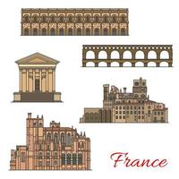 puntos de referencia de viajes franceses con edificios y puentes vector