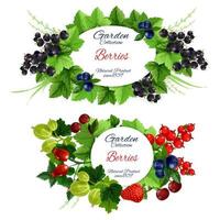 Garden berries icons with fruits on leafy branches vector