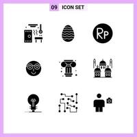 Pack of 9 creative Solid Glyphs of column user idr cute emoji Editable Vector Design Elements