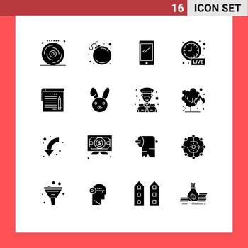 Universal Icon Symbols Group of 16 Modern Solid Glyphs of notes live update smart phone time alarm Editable Vector Design Elements