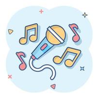 Karaoke music icon in comic style. Microphone speech vector cartoon illustration on white isolated background. Audio equipment business concept splash effect.
