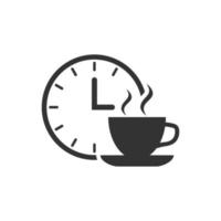 icono de pausa para el café en estilo plano. reloj con ilustración de vector de taza de té sobre fondo blanco aislado. concepto de negocio de la hora del desayuno.