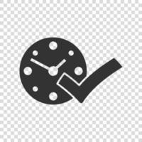 Clock check mark icon in flat style. Timer approval vector illustration on white isolated background. Confirm business concept.