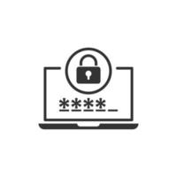 Laptop with password icon in flat style. Computer access vector illustration on white isolated background. Padlock entry business concept.