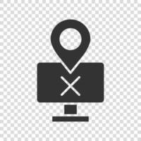 Computer navigation icon in flat style. Monitor pin gps vector illustration on white isolated background. City area location business concept.