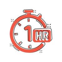 1 hour clock icon in comic style. Timer countdown cartoon vector illustration on isolated background. Time measure splash effect sign business concept.