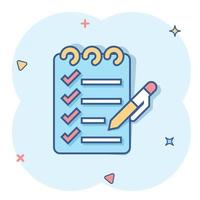 To do list icon in comic style. Document checklist cartoon vector illustration on white isolated background. Notepad check mark splash effect business concept.