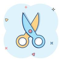 Scissor icon in comic style. Cut equipment cartoon vector illustration on white isolated background. Cutter splash effect business concept.