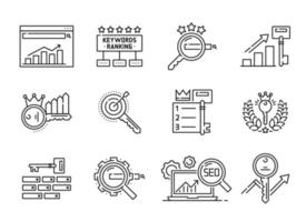 Keyword ranking, social media and SEO line icons vector