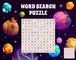 Cartoon space planets and stars word search puzzle vector