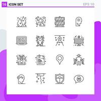 Universal Icon Symbols Group of 16 Modern Outlines of laptop mind wine control working area Editable Vector Design Elements