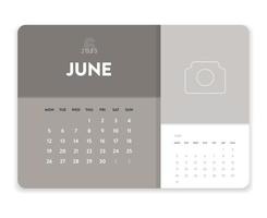 vector de plantilla de calendario mensual 2023 de negocio mínimo creativo. escritorio, calendario de pared para impresión, calendario digital o planificador. inicio de semana el lunes. diseño de diseño de calendario anual moderno simple. junio.