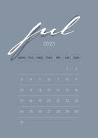 Creative minimal business monthly 2023 Calendar template vector. Desk, wall calendar for print, digital calendar or planner. Week start on Monday. Simple modern annual calendar layout design. July. vector