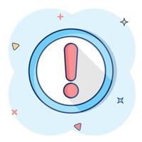 Exclamation mark icon in comic style. Danger alarm vector cartoon illustration pictogram. Caution risk business concept splash effect.