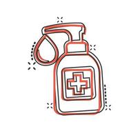 Hand sanitizer icon in comic style. Antiseptic bottle cartoon vector illustration on isolated background. Disinfect gel splash effect sign business concept.