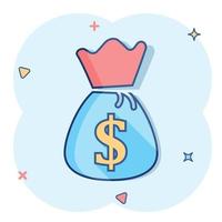 icono de bolsa de dinero de dibujos animados de vector en estilo cómico. bolsa de dinero con pictograma de ilustración de dólar. concepto de efecto de salpicadura de saco de dinero en efectivo.