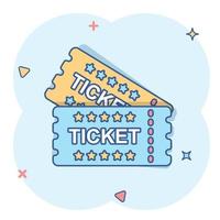 Cinema ticket icon in comic style. Admit one coupon entrance vector cartoon illustration pictogram. Ticket business concept splash effect.