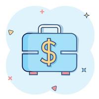 Money briefcase icon in comic style. Cash box cartoon vector illustration on white isolated background. Finance splash effect business concept.