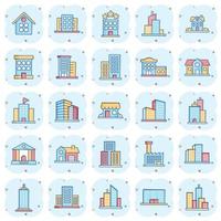 Building icon set in comic style. Town skyscraper apartment cartoon vector illustration on white isolated background. City tower splash effect business concept.