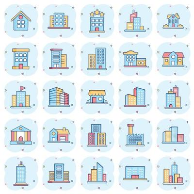 Building icon set in comic style. Town skyscraper apartment cartoon vector illustration on white isolated background. City tower splash effect business concept.