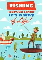 Fishing hobby sport vector cartoon poster