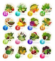 Vitamins in fruits, nuts and vegetables vector