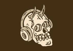 ilustración, diseño, de, cuernos, cráneo, llevando, auriculares vector