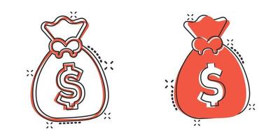 Money bag icon in comic style. Moneybag cartoon vector illustration on isolated background. Coin sack splash effect sign business concept.