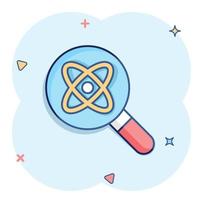 Science magnifier icon in comic style. Virus search cartoon vector illustration on white isolated background. Chemistry dna splash effect business concept.