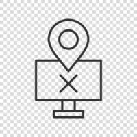 icono de navegación de computadora en estilo plano. monitor pin gps ilustración vectorial sobre fondo blanco aislado. concepto de negocio de ubicación del área de la ciudad. vector