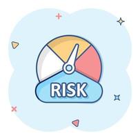 Risk meter icon in comic style. Rating indicator cartoon vector illustration on white isolated background. Fuel level sign splash effect business concept.