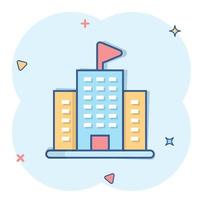 Building icon in comic style. Town skyscraper apartment cartoon vector illustration on white isolated background. City tower splash effect business concept.