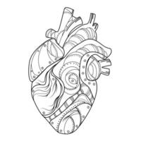 Abstract mechanical human heart in steampunk style Line art drawing vector illustration.Surrealist Stylized human heart black and white sketch drawing.Emblem,card,logo,print,tattoo design