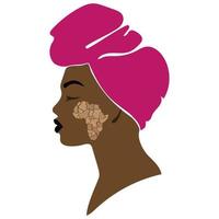 retrato de mujer africana negra con mapa de áfrica en la ilustración del concepto de vector de mejilla para el mes de la historia negra. mujer joven negra en un estilo plano mínimo, afiche moderno, pancarta, tarjeta, emblema, diseño web