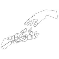 Bionic robotic hand and human hand touch fingers Line art drawing for logo,emblem,print,poster template,vector illustration. Artificial intelligence concept. Bionic arm sketch liner design vector