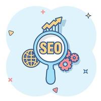 Seo analytics icon in comic style. Social media vector cartoon illustration on white isolated background. Search analysis business concept splash effect.