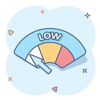 Cartoon colored low level icon in comic style. Speedometer, tachometer illustration pictogram. Low level sign splash business concept. vector