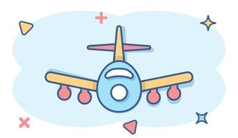 Plane icon in comic style. Airplane cartoon vector illustration on white isolated background. Flight airliner splash effect business concept.