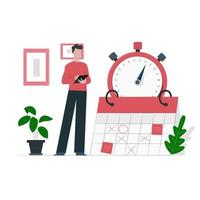 gestión del tiempo de diseño plano. ilustración de un hombre que administra un tiempo y programa con fondo de calendario vector