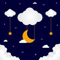 Sweet dreams. Crescent moon, clouds and stars on night background. Vector illustration.