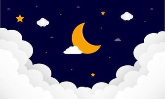 Sweet dreams. Crescent moon, clouds and stars on night background. Vector illustration.