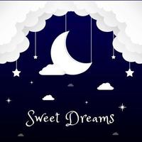 Sweet dreams. Crescent moon, stars and clouds on night background. Vector illustration.