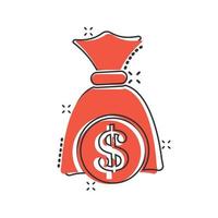 icono de bolsa de dinero en estilo cómico. Ilustración de vector de dibujos animados de bolsa de dinero sobre fondo aislado. signo de efecto de salpicadura de saco de monedas concepto de negocio.