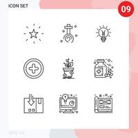 Pack of 9 Modern Outlines Signs and Symbols for Web Print Media such as dollar plus lightbulb basic lamp Editable Vector Design Elements