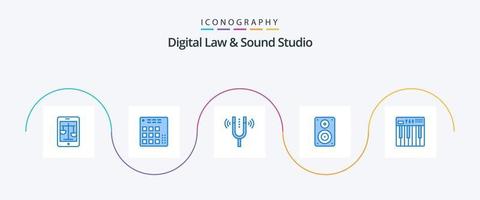 Paquete de iconos de 5 azul de estudio de derecho y sonido digital que incluye altavoz. audio. En Vivo. referencia. kamerton vector
