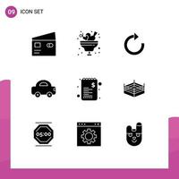 Mobile Interface Solid Glyph Set of 9 Pictograms of commerce travel ice car refresh Editable Vector Design Elements