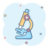 Microscope icon in comic style. Laboratory magnifier cartoon vector illustration on isolated background. Biology instrument splash effect sign business concept.