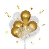 Realistic golden and transparent 3D balloons with confetti vector