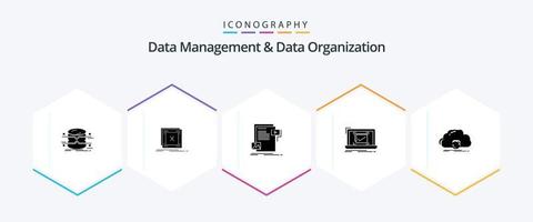 gestión de datos y organización de datos Paquete de iconos de 25 glifos que incluye una lista de verificación. sistema. problema. sitio web. expediente vector