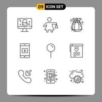 Pack of 9 creative Outlines of file pointer pot map video Editable Vector Design Elements